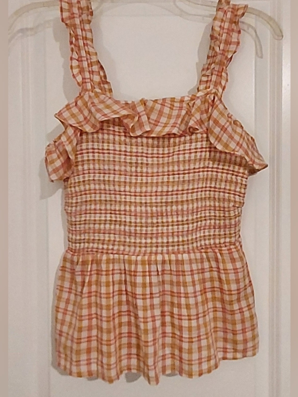 Old Navy Top Womens XS Orange Plaid Smocked Square Neck Ruffle Cottage Peplum
